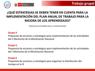 Trabajo grupal
¿QUÉ ESTRATEGIAS SE DEBEN TENER EN CUENTA PARA LA
IMPLEMENTACIÓN DEL PLAN ANUAL DE TRABAJO PARA LA
MEJORA DE LOS APRENDIZAJES?
Proponemos actividades para su implementación

Grupo 4
Propuesta de acciones y estrategias para implementación de las actividades
del II Momento de la Movilización Nacional
Grupo 5
Propuesta de acciones y estrategias para implementación de las actividades
del I Momento de la Movilización Nacional
Grupo 6
Propuesta de acciones y estrategias para organizar la distribución del
tiempo en la IE

 