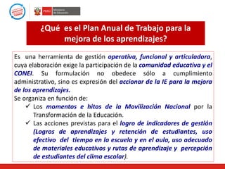 ¿Qué es el Plan Anual de Trabajo para la
mejora de los aprendizajes?
Es una herramienta de gestión operativa, funcional y articuladora,
cuya elaboración exige la participación de la comunidad educativa y el
CONEI. Su formulación no obedece sólo a cumplimiento
administrativo, sino es expresión del accionar de la IE para la mejora
de los aprendizajes.
Se organiza en función de:
 Los momentos e hitos de la Movilización Nacional por la
Transformación de la Educación.
 Las acciones previstas para el logro de indicadores de gestión
(Logros de aprendizajes y retención de estudiantes, uso
efectivo del tiempo en la escuela y en el aula, uso adecuado
de materiales educativos y rutas de aprendizaje y percepción
de estudiantes del clima escolar).

 