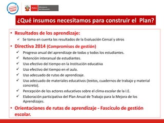 ¿Qué insumos necesitamos para construir el Plan?
• Resultados de los aprendizaje:
 Se toma en cuenta los resultados de la Evaluación Censal y otros

• Directiva 2014 (Compromisos de gestión)







Progreso anual del aprendizaje de todas y todos los estudiantes.
Retención interanual de estudiantes.
Uso efectivo del tiempo en la Institución educativa
Uso efectivo del tiempo en el aula.
Uso adecuado de rutas de aprendizaje.
Uso adecuado de materiales educativos (textos, cuadernos de trabajo y material
concreto).
 Percepción de los actores educativos sobre el clima escolar de la I.E.
 Elaboración participativa del Plan Anual de Trabajo para la Mejora de los
Aprendizajes.

• Orientaciones de rutas de aprendizaje - Fascículo de gestión
escolar.

 
