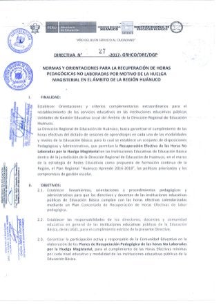 Directiva-027-2017-GRHCO/DRE/DGP-Normas y orientaciones para la recuperación de horas pedagógicas no laboradas por motivos de la huelga magisterial en el ámbito de la región Huánuco