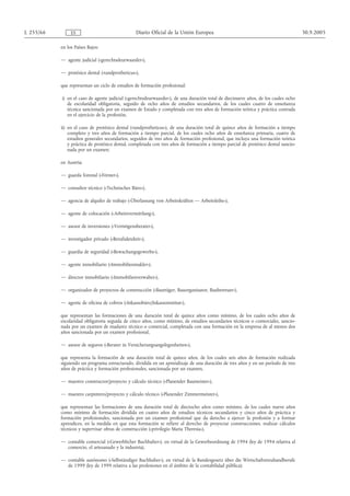 L 255/66        ES                              Diario Oficial de la Unión Europea                                                  30.9.2005

           en los Países Bajos:

           — agente judicial («gerechtsdeurwaarder»),

           — protésico dental («tandprotheticus»),

           que representan un ciclo de estudios de formación profesional:

           i) en el caso de agente judicial («gerechtsdeurwaarder»), de una duración total de diecinueve años, de los cuales ocho
              de escolaridad obligatoria, seguido de ocho años de estudios secundarios, de los cuales cuatro de enseñanza
              técnica sancionada por un examen de Estado y completada con tres años de formación teórica y práctica centrada
              en el ejercicio de la profesión,

           ii) en el caso de protésico dental («tandprotheticus»), de una duración total de quince años de formación a tiempo
               completo y tres años de formación a tiempo parcial, de los cuales ocho años de enseñanza primaria, cuatro de
               estudios generales secundarios, seguidos de tres años de formación profesional, que incluya una formación teórica
               y práctica de protésico dental, completada con tres años de formación a tiempo parcial de protésico dental sancio-
               nada por un examen;

           en Austria:

           — guarda forestal («Förster»),

           — consultor técnico («Technisches Büro»),

           — agencia de alquiler de trabajo («Überlassung von Arbeitskräften — Arbeitsleihe»),

           — agente de colocación («Arbeitsvermittlung»),

           — asesor de inversiones («Vermögensberater»),

           — investigador privado («Berufsdetektiv»),

           — guardia de seguridad («Bewachungsgewerbe»),

           — agente inmobiliario («Immobilienmakler»),

           — director inmobiliario («Immobilienverwalter»),

           — organizador de proyectos de construcción («Bauträger, Bauorganisator, Baubetreuer»),

           — agente de oficina de cobros («Inkassobüro/Inkassoinstitut»),

           que representan las formaciones de una duración total de quince años como mínimo, de los cuales ocho años de
           escolaridad obligatoria seguida de cinco años, como mínimo, de estudios secundarios técnicos o comerciales, sancio-
           nada por un examen de madurez técnico o comercial, completada con una formación en la empresa de al menos dos
           años sancionada por un examen profesional,

           — asesor de seguros («Berater in Versicherungsangelegenheiten»),

           que representa la formación de una duración total de quince años, de los cuales seis años de formación realizada
           siguiendo un programa estructurado, dividida en un aprendizaje de una duración de tres años y en un período de tres
           años de práctica y formación profesionales, sancionada por un examen,

           — maestro constructor/proyecto y cálculo técnico («Planender Baumeister»),

           — maestro carpintero/proyecto y cálculo técnico («Planender Zimmermeister»),

           que representan las formaciones de una duración total de dieciocho años como mínimo, de los cuales nueve años
           como mínimo de formación dividida en cuatro años de estudios técnicos secundarios y cinco años de práctica y
           formación profesionales, sancionada por un examen profesional que da derecho a ejercer la profesión y a formar
           aprendices, en la medida en que esta formación se refiere al derecho de proyectar construcciones, realizar cálculos
           técnicos y supervisar obras de construcción («privilegio Maria Theresia»),

           — contable comercial («Gewerblicher Buchhalter»), en virtud de la Gewerbeordnung de 1994 (ley de 1994 relativa al
             comercio, el artesanado y la industria),

           — contable autónomo («Selbständiger Buchhalter»), en virtud de la Bundesgesetz über die Wirtschaftstreuhandberufe
             de 1999 (ley de 1999 relativa a las profesiones en el ámbito de la contabilidad pública);
 