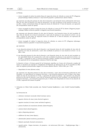30.9.2005           ES                                Diario Oficial de la Unión Europea                                                    L 255/67

               en Polonia:

               — técnico encargado de realizar las pruebas básicas de inspección técnica de vehículos en centros de ITV («Diagnosta
                 przeprowadzający badania techniczne w stacji kontroli pojazdów o podstawowym zakresie badań»),

               que representa una educación primaria de ocho años de duración y una formación técnica profesional de nivel secun-
               dario de cinco años de duración en la rama de automoción y tres años de prácticas en una estación de servicio o en
               un taller, e incluye entrenamiento básico de inspección técnica de vehículos de 51 horas de duración, con superación
               del correspondiente examen de aptitud,

               — técnico encargado de realizar la inspección técnica de vehículos en centros de ITV de distrito («Diagnosta przepro-
                 wadzający badania techniczne pojazdu w okręgowej stacji kontroli pojazdów»),

               que representa una educación primaria de ocho años de duración y una formación técnica de nivel secundario de
               cinco años de duración en la rama de automoción y cuatro años de prácticas en una estación de servicio o en un
               taller, e incluye un curso básico de inspección técnica de vehículos de 51 horas de duración, con superación del
               correspondiente examen de aptitud,

               — técnico encargado de realizar la inspección técnica de vehículos en centros de ITV («Diagnosta wykonujący
                 badania techniczne pojazdów w stacji kontroli pojazdów»),

               que representa:

               i) una educación primaria de ocho años de duración y una formación técnica de nivel secundario de cinco años de
                  duración en la rama de automoción y cuatro años acreditados de prácticas en una estación de servicio o en un
                  taller, o bien

               ii) una educación primaria de ocho años de duración y una formación técnica de cinco años de nivel secundario en
                   una especialidad distinta de la automoción y ocho años acreditados de prácticas en una estación de servicio o en
                   un taller, y comprende en total 113 horas de formación completa, incluidas la formación básica y la especializada,
                   con superación de los correspondientes exámenes al final de cada etapa.

               La duración en horas y el alcance general de las formaciones específicas en el marco de la formación completa del
               técnico se especifican por separado en el Reglamento del Ministerio de Infraestructura de 28 de noviembre de 2002
               sobre los requisitos pormenorizados exigidos a los técnicos (Boletín Oficial no 208 de 2002, pos. 1769),

               — despachador de trenes (dyżurny ruchu),

               que representa una educación primaria de ocho años de duración y cuatro años de formación profesional de nivel
               secundario, con especialización en transporte ferroviario, y una formación preparatoria para el trabajo como despa-
               chador de trenes de una duración de 45 días, y superación del examen de aptitud, o que representa una educación
               primaria de ocho años de duración y cinco años de formación profesional de nivel secundario, con especialización en
               transporte ferroviario, y una formación preparatoria para el trabajo como despachador de trenes de una duración de
               63 días y superación del examen de aptitud.



            5. Formaciones en el Reino Unido reconocidas como «National Vocational Qualifications» o como «Scottish Vocational Qualifica-
               tions»:


               Las formaciones de:

               — enfermero veterinario reconocido («listed veterinary nurse»),

               — ingeniero eléctrico de minas («mine electrical engineer»),

               — ingeniero mecánico de minas («mine mechanical engineer»),

               — práctico facultativo de tratamientos dentales («dental therapist»),

               — asistente dental («dental hygienist»),

               — óptico («dispensing optician»),

               — subdirector de mina («mine deputy»),

               — administrador judicial («insolvency practitioner»),

               — fedatario autorizado («licensed conveyancer»),

               — segundo patrón —buques mercantes y de pasajeros— sin restricciones («first mate — freight/passenger ships —
                 unrestricted»),
 