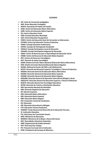 GLOSARIO
• AIP: Aulas de Innovación pedagógica.
• ANP: Áreas Naturales Protegidas.
• APAFA: Asociación de Padres de Familia.
• CEBA: Centro de Educación Básica Alternativa.
• CEBE: Centro de Educación Básica Especial .
• CEI: Centro Educativo Inicial.
• CEM: Consejo Educativo Municipal.
• CEO: Centro Educativo Ocupacional.
• CERFA: Centro de Educación Rural de Formación en Alternancia.
• CETPRO: Centro de Educación Técnico Productiva.
• CONEI: Consejo Educativo Institucional.
• COPAE: Consejo de Participación Estudiantil.
• COPALE: Consejo Participativo Local de Educación.
• COPARE: Consejo Participativo Regional de Educación.
• CRAEI: Centro de Recursos para el Aprendizaje de Educación Inicial.
• CREBE: Centro de Recursos de Educación Básica Especial.
• CRT: Centros de Recursos Tecnológicos.
• DAT: Docente de apoyo tecnológico.
• DCBN: Diseño Curricular Básico Nacional (Educación Básica Alternativa).
• DCN: Diseño Curricular Nacional (Educación Básica Regular).
• DESNA: Defensoría Escolar del Niño y del Adolescente.
• DESTP: Dirección de Educación Superior Tecnológica y Técnico Productiva.
• DIGEBA: Dirección General de Educación Básica Alternativa.
• DIGEBE: Dirección General de Educación Básica Especial.
• DIGEBR: Dirección General de Educación Básica Regular.
• DIGEIBIR: Dirección General de Educación Intercultural Bilingüe y Rural.
• DIGESUTP: Dirección General de Educación Superior y Técnico Profesional.
• DIGETE: Dirección General de Tecnologías Educativas.
• DITOE: Dirección de Tutoría y Orientación Educativa.
• DNI: Documento Nacional de Identidad.
• DRE: Dirección Regional de Educación.
• DS: Decreto Supremo.
• EBA: Educación Básica Alternativa.
• EBE: Educación Básica Especial.
• EBR: Educación Básica Regular.
• ECE: Evaluación Censal de Estudiantes.
• ED: Educación.
• EIB: Educación Intercultural y Bilingüe.
• ETP: Educación Técnico Productiva.
• FONDEP: Fondo Nacional de Desarrollo de la Educación Peruana.
• IE: Institución Educativa.
• ITS: Infecciones de Transmisión Sexual.
• MED: Ministerio de Educación.
• MIMDES: Ministerio de la Mujer y Desarrollo Social.
• NEE: Necesidades Educativas Especiales.
• ONG: Organización No Gubernamental.
• PAT: Plan Anual de Trabajo.
• PCI: Proyecto Curricular de la Institución.
• PCM: Presidencia del Consejo de Ministros.
73
 