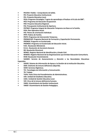 •       PECOSA: Pedido – Comprobante de Salida.
     •       PEI: Proyecto Educativo Institucional.
     •       PEL: Proyecto Educativo Local.
     •       PELA: Programa Estratégico “Logros de aprendizaje al finalizar el III ciclo de EBR”.
     •       PEO: Programas de Educación Ocupacional.
     •       PER: Proyecto Educativo Regional.
     •       PIA: Presupuesto Institucional de Apertura.
     •       PIETBAF: Programa Integral de Educación Temprana con Base en la Familia.
     •       POA: Plan Operativo Anual.
     •       POI. Planes de orientación Individual.
     •       PPFF: Padres de Familia.
     •       PRITE: Programas de Intervención Temprana.
     •       PRONAFCAP: Programa Nacional de Formación y Capacitación Permanente.
     •       PRONOE: Programa no Escolarizado.
     •       PRONOEI: Programa no Escolarizado de Educación Inicial.
     •       R.M.: Resolución Ministerial.
     •       R.S.G.: Resolución de Secretaría General.
     •       RD: Resolución Directoral.
     •       RENIEC: Registro Nacional de Identificación y Estado Civil.
     •       RENOEC: Registro Nacional de las Organizaciones que brindan Educación Comunitaria.
     •       RVM: Resolución Viceministerial.
     •       SAANEE: Servicio de Asesoramiento y Atención a las Necesidades Educativas
     Especiales.
     •       SIAGIE: Sistema de Información de Apoyo a la Gestión de la Institución Educativa.
     •       SIDA: Síndrome de inmuno deficiencia adquirida.
     •       SSHH: Servicios Higiénicos.
     •       TIC: Tecnologías de Información y Comunicación.
     •       TR: Trabajo.
     •       TUPA: Texto Único de Procedimientos de Administrativos.
     •       UEE: Unidad de Estadística Educativa.
     •       UGEL: Unidad de Gestión Educativa Local.
     •       VIH: Virus de la inmuno deficiencia humana.
     •       VMGI: Viceministerio de Gestión Institucional.
     •       VMGP: Viceministerio de Gestión Pedagógica.




62
 