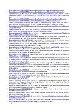 -   Decreto Supremo Nº 015-2004-ED, que aprueba el Reglamento de Educación Básica Alternativa.
-   Decreto Supremo Nº 022-2004-ED, que aprueba el Reglamento de Educación Técnico-Productiva.
-   Decreto Supremo Nº 002-2005-ED, que aprueba el Reglamento de Educación Básica Especial y normas
    complementarias (R.D. N° 354-2006-ED, R.D. N° 373-2006-ED y R.D. N° 650-2008-ED, y R.D. N° 236-2010-
    ED).
-   Decreto Supremo Nº 009-2005-ED, que aprueba el Reglamento de la Gestión del Sistema Educativo.
-   Decreto Supremo Nº 013-2005-ED, que aprueba el Reglamento de Educación Comunitaria.
-   Decreto Supremo Nº 004-2006-ED, que aprueba el Reglamento de la Ley Nº 28628, que regula la
    participación de las Asociaciones de Padres de Familia en las Instituciones Educativas Públicas.
-   Decreto Supremo Nº 006-2006-ED, Reglamento de Organización y Funciones del Ministerio de Educación
    y sus modificaciones.
-   Decreto Supremo Nº 008-2006-ED, que aprueba los Lineamientos para el Seguimiento y Control de la
    Labor Efectiva de Trabajo Docente en las Instituciones Educativas Públicas.
-   Decreto Supremo Nº 009-2006-ED, que aprueba el Reglamento de las Instituciones Privadas de
    Educación Básica y Educación Técnico–Productiva.
-   Decreto Supremo N° 078-2006-PCM, autorizan al Ministerio de Educación, con la participación de las
    municipalidades, llevar a cabo un Plan Piloto de Municipalización de la Gestión Educativa.
-   Decreto Supremo N° 002-2007 MIMDES Implementación y funcionamiento de servicios de Cuidado
    Diurno o Wawa Wasi institucional en las Entidades de la Administración Pública.
-   Decreto Supremo Nº 017-2007-ED, que aprueba el Reglamento de la Ley Nº 28988, Ley que declara la
    Educación Básica Regular como Servicio Público Esencial.
-   Decreto Supremo Nº 018-2007-ED, que aprueba el Reglamento de la Ley Nº 28740, Ley del Sistema
    Nacional de Evaluación, Acreditación y Certificación de la Calidad Educativa.
-   Decreto Supremo Nº 027-2007-PCM, que define y establece las Políticas Nacionales de Obligatorio
    Cumplimiento por las Entidades del Gobierno Nacional.
-   Decreto Supremo Nº 003-2008-ED, Reglamento de la Ley Nº 29062, modificado los Decretos Supremos
    Nº 020-2008-ED y Nº 013-2009-ED.
-   Decreto Supremo N° 005-2008-ED, dictan disposiciones para la ejecución del Plan de Municipalización de
    la Gestión Educativa referente a la labor de supervisión a cargo de Alcaldes, elaboración de planillas e
    incorporación del nivel secundario.
-   Decreto Supremo Nº 079-2009-EF, establecen Remuneración Íntegra Mensual del Primer Nivel de la
    Carrera Pública Magisterial; la Escala de la Aplicación del Artículo 63º de la Ley Nº 29062 y Monto de la
    Remuneración Mensual y Asignaciones de los Profesores contratados, modificado por Decreto Supremo
    Nº 104-2009-EF.
-   Decreto Supremo Nº 130-2009-EF, Autorizan Transferencia de Partidas a diversas Municipalidades en el
    Marco del Plan Piloto de Municipalización de la Gestión Educativa.
-   Decreto Supremo Nº 201-2009-EF, Autorizan Transferencia de Partidas a diversas Municipalidades en el
    Marco del Plan Piloto de Municipalización de la Gestión Educativa.
-   Decreto Supremo N° 005-2010-ED Establecen regímenes de excepción en los Reglamentos de la Ley del
    Profesorado y de la Ley N° 29062.
-   Decreto Supremo N° 022-2010-ED, incorporan a diversas Municipalidades distritales del ámbito de
    intervención del Programa Nacional de Apoyo Directo a los Más Pobres-JUNTOS, al Plan de
    Municipalización de la Gestión Educativa.
-   Resolución Ministerial Nº 0181-2004-ED. Establece los procedimientos para la aplicación del Reglamento
    de infracciones y sanciones para Instituciones Educativas Privadas.
-   Resolución Ministerial N° 0526-2005-ED, instituye los Juegos Florales Escolares como actividad educativa
    de la Educación Básica Regular.
-   Resolución Ministerial Nº 031-2007-ED, que aprueba el Plan de Municipalización de la Gestión Educativa
    y Lineamientos del Plan Piloto 2007.
-   Resolución Ministerial Nº 0190-2007-ED que aprueba el Plan Estratégico Sectorial Multianual -PSEM del
    Sector Educación 2007-2011.
-   Resolución Ministerial Nº 0425-2007-ED, que aprueba las Normas para la Implementación de Simulacros
    en el Sistema Educativo, en el Marco de la Educación en Gestión de Riesgos.
        5
 
