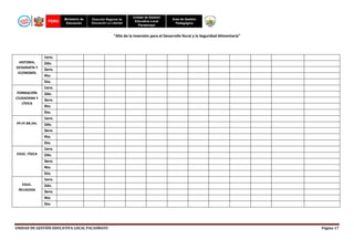 PERÚ

Ministerio de
Educación

Dirección Regional de
Educación La Libertad

Unidad de Gestión
Educativa Local
Pacasmayo

Área de Gestión
Pedagógica

“Año de la Inversión para el Desarrollo Rural y la Seguridad Alimentaria”

HISTORIA,
GEOGRAFÍA Y
ECONOMÍA

FORMACIÓN
CIUDADANA Y
CÍVICA

PP.FF.RR.HH.

EDUC. FÍSICA

EDUC.
RELIGIOSA

1ero.
2do.
3ero.
4to.
5to.
1ero.
2do.
3ero.
4to.
5to.
1ero.
2do.
3ero.
4to.
5to.
1ero.
2do.
3ero.
4to.
5to.
1ero.
2do.
3ero.
4to.
5to.

UNIDAD DE GESTIÓN EDUCATIVA LOCAL PACASMAYO

Página 17

 