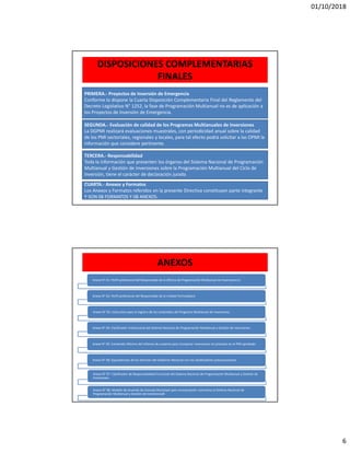 01/10/2018
6
DISPOSICIONES COMPLEMENTARIAS
FINALES
PRIMERA.- Proyectos de Inversión de Emergencia
Conforme lo dispone la Cuarta Disposición Complementaria Final del Reglamento del
Decreto Legislativo N° 1252, la fase de Programación Multianual no es de aplicación a
los Proyectos de Inversión de Emergencia.
SEGUNDA.- Evaluación de calidad de los Programas Multianuales de Inversiones
La DGPMI realizará evaluaciones muestrales, con periodicidad anual sobre la calidad
de los PMI sectoriales, regionales y locales, para tal efecto podrá solicitar a las OPMI la
información que considere pertinente.
TERCERA.- Responsabilidad
Toda la información que presenten los órganos del Sistema Nacional de Programación
Multianual y Gestión de Inversiones sobre la Programación Multianual del Ciclo de
Inversión, tiene el carácter de declaración jurada
CUARTA.- Anexos y Formatos
Los Anexos y Formatos referidos en la presente Directiva constituyen parte integrante
Y SON 08 FORMATOS Y 08 ANEXOS.
ANEXOS
Anexo N° 01: Perfil profesional del Responsable de la Oficina de Programación Multianual de Inversiones 6
Anexo N° 02: Perfil profesional del Responsable de la Unidad Formuladora
Anexo N° 03: Instructivo para el registro de los contenidos del Programa Multianual de Inversiones.
Anexo N° 04: Clasificador Institucional del Sistema Nacional de Programación Multianual y Gestión de Inversiones.
Anexo N° 05: Contenido Mínimo del Informe de sustento para incorporar inversiones no previstas en el PMI aprobado
Anexo N° 06: Equivalencias de los Sectores del Gobierno Nacional con los clasificadores presupuestarios
Anexo N° 07: Clasificador de Responsabilidad Funcional del Sistema Nacional de Programación Multianual y Gestión de
Inversiones.
Anexo N° 08: Modelo de Acuerdo de Concejo Municipal para incorporación voluntaria al Sistema Nacional de
Programación Multianual y Gestión de Inversiones8
 