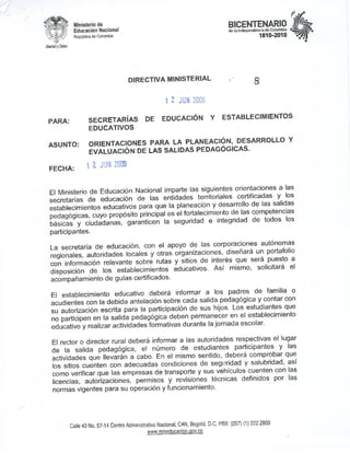 Directiva ministerial 8 de 2009 salidas pedagógicas