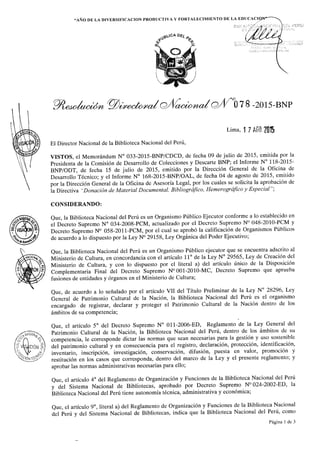 Directiva Nº 003 2015-BNP DONACION DE MATERIAL DOCUMENTAL, BIBLIOGRÁFICO, HEMEROGRÁFICO Y ESPECIAL