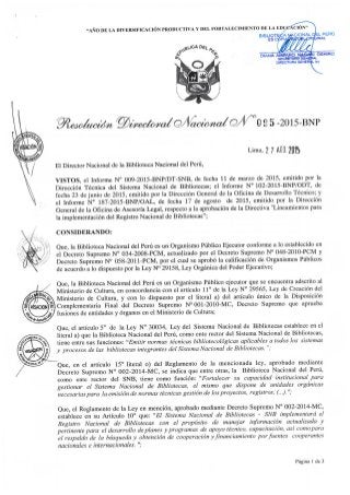 Directiva Nº 004 2015-BNP- LINEAMIENTOS PARA LA IMPLEMENTACIÓN DEL REGISTRO NACIONAL DE BIBLIOTECAS