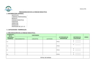 (Anexo 04)

                  PROGRAMACION DE LA UNIDAD DIDACTICA
1. INFORMACION GENERAL:
        INSTITUTO             :
        CARRERA PROFESIONAL:
        MODULO                :
        UNIDAD DIDÁCTICA     :
        CREDITOS               :
        SEMESTRE             :
        DURACION             :
        PROFESOR DE LA U. D. :

1. CAPACIDADES TERMINALES:

3. ORGANIZACIÓN DE LA UNIDAD DIDACTICA:
 ELEMENTOS
                                  CONTENIDOS
    DE LA
 CAPACIDAD                                                             ACTIVIDADES DE   CRITERIOS DE                  HORAS
 TERMINAL    PROCEDIMIENTOS       CONCEPTOS            ACTITUDES        APRENDIZAJE     EVALUACION
                                                                                           .......................
1.1                                                                Nº 01                   .......................

                                                                                           .......................
1.2                                                                Nº 02

                                                                                           .......................
2.1                                                                Nº 03                   .......................

                                                                                           .......................
2.2                                                                Nº 04                   .......................

                                               TOTAL DE HORAS
 