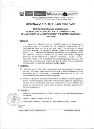 Directiva nº 012 2013 UGEL 06 - Orientaciones para el  desarrollo  de la movilización nacional  por la transformación de la educación 2013