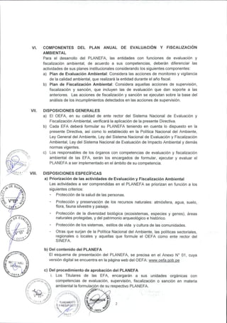 VI. COMPONENTES DEL PLAN ANUAL DE EVALUACIÓN Y FISCALIZACIÓN
AMBIENTAL
Para el desarrollo del PLANEFA, las entidades con funciones de evaluación y
fiscalización ambiental, de acuerdo a sus competencias, deberán diferenciar las
actividades de sus planes institucionales considerando los siguientes componentes:
a) Plan de Evaluación Ambiental: Considera las acciones de monitoreo y vigilancia
de la calidad ambiental, que realizará la entidad durante el año fiscal.
b) Plan de Fiscalización Ambiental: Considera aquellas acciones de supervisión,
fiscalización y sanción, que incluyen las de evaluación que dan soporte a las
anteriores. Las acciones de fiscalización y sanción se ejecutan sobre la base del
análisis de los incumplimientos detectados en las acciones de supervisión.
Vil. DISPOSICIONES GENERALES
a) El OEFA, en su calidad de ente rector del Sistema Nacional de Evaluación y
Fiscalización Ambiental, verificará la aplicación de la presente Directiva.
b) Cada EFA deberá formular su PLANEFA teniendo en cuenta lo dispuesto en la
presente Directiva, así como lo establecido en la Política Nacional del Ambiente,
Ley General del Ambiente, Ley del Sistema Nacional de Evaluación y Fiscalización
Ambiental, Ley del Sistema Nacional de Evaluación de Impacto Ambiental y demás
normas vigentes.
c) Los responsables de los órganos con competencias de evaluación y fiscalización
ambiental de las EFA, serán los encargados de formular, ejecutar y evaluar el
PLANEFA a ser implementado en el ámbito de su competencia.
DISPOSICIONES ESPECÍFICAS
a) Priorización de las actividades de Evaluación y Fiscalización Ambienta!
Las actividades a ser comprendidas en el PLANEFA se priorizan en función a los
siguientes criterios:
- Protección de la salud de las personas.
- Protección y preservación de los recursos naturales: atmósfera, agua, suelo,
flora, fauna silvestre y paisaje.
- Protección de la diversidad biológica (ecosistemas, especies y genes), áreas
naturales protegidas, y del patrimonio arqueológico e histórico.
Protección de los sistemas, estilos de vida y cultura de las comunidades.
- Otras que surjan de la Política Nacional del Ambiente, las políticas sectoriales,
regionales o locales y aquellas que formule el OEFA como ente rector del
SINEFA.
b) Del contenido del PLANEFA
El esquema de presentación del PLANEFA, se precisa en el Anexo N° 01, cuya
versión digital se encuentra en la página web del OEFA: www.oefa.qob.pe
c) Del procedimiento de aprobación del PLANEFA
i. Los Titulares de las EFA, encargarán a sus unidades orgánicas con
competencias de evaluación, supervisión, fiscalización o sanción en materia
ambiental la formulación de su respectivo PLANEFA.
 