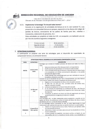 DIRECCION REGIONAL DE EDUCACION DE ANCASHl
C i i f f ¡c u t a R o Q t o n a i . . . ¡par / ? í e / e / c s a p r e - n c i t z a j c s f
^d^a de Ja Cojas olida cían del Mar de Grau"
"Decenio de las Personas con discapacidad en el Perú 2007 - 2016''
6.3.5. Implementar la Estrategia "En Ancash todos leemos":
Consiste en la organización de actividades de lectura en la I.E. (ver numeral 7) y con
proyección a la comunidad (lectura en parques, exposición en las afueras del colegio de
paneles de lectura, convocatoria de los padres de familia para leer, volanteo a
transeúntes, elaboración de pancartas, etc.)
Estas actividades se cumplirán en todas las II.EE. sin excepción y se realizarán una vez
por mes de acuerdo al siguiente cronograma:
Primera Jornada 30 de setiembre
Segunda Jornada 21 de octubre
Tercera Jornada 23 de noviembre
7. ESTRATEGIAS SUGERIDAS:
A continuación se propone una serie de estrategias para el desarrollo de capacidades de
comprensión lectora y la animación lectora:
ESTRATEGIAS PARA EL DESARROLLO DE CAPACIDADES COMPRENSIÓN L E a O R A
NIVEL ESTRATEGIA DESCRIPCIÓN
INICIAL
Lectura entre
todos
Estrategia que consiste en modelar procesos de lectura con todos los niños y
niñas.
Seleccione textos para niños del grupo etario correspondiente.
Diseñe sesiones de aprendizaje con las lecturas seleccionadas.
Como actividad central de las sesiones, el docente leerá los textos frente
a los estudiantes con énfasis, pronunciación adecuada y si es posible
dramatizando algunas ideas.
Puede extender esta metodología para que sean realizadas en casa por
los padres y refuercen a sus hijos.
1.
2.
3.
4.
Un libro por
mes
Consiste en que el estudiante lea por mes o bimestralmente una obra literaria
corta (cuento, novela corta, drama, compilación de literatura oral).
1. Negociar con los estudiantes los libros a leer por grado y sección.
2. Se debe leer una obra por mes. Considere obras del ámbito local,
regional, nacional o mundial.
3. La lectura se realizará en un horario fuera de la escuela.
4. En las sesiones de aprendizaje los profesores de Aula o del Área de
Comunicación hacen el seguimiento respectivo de la lectura por medio
de preguntas.
5. Finalmente, se aplicará una breve una ficha de seguimiento de lectura
(escala dicotómica o preguntas de selección múltiple).
Observación:
Esta estrategia sólo se debe implementar previa aceptación y acuerdo con los
padres de familia. De preferencia, utilizar los textos del Banco de Libros o textos
de biblioteca de la I.E. La lista de títulos es flexible.
PRIMARIA
El panel de la
libre opinión
Es una estrategia lectora consistente en leer un texto determinado (a nivel
institucional o por aula/sección) para dar una opinión escrita en un panel público.
1. Elabore un rol para.la lectura de un texto. Podría ser, por ejemplo, todos
los lunes de 8:00 a 8:30 am.
2. Seleccione un texto a ser leído cada lunes por los estudiantes en el día y
horario establecido.
3. Coloque paneles (un papelote, una pizarra acrílica, un baner), en una
zona pública de la I.E. y durante el recreo anime a sus estudiantes a
4
 