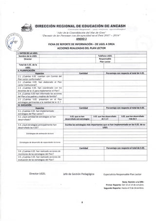 DiRECCION REGIONAL DE EDUCACION DE ANCASH
C líiTículo Regional... i por mejat es aprendizajes!
:iño de la ConsoSdación delMaz de Grau"
"Decenio de Iss Personas con discapacidad en el Perú 2007 — 2016"
ANEXO 2
FICHA DE REPORTE DE INFORMACIÓN - DE UGEL A DREA
ACCIONES REALIZADAS DEL PLAN LECTOR
I. DATOS DE LA UGEL
Nombre de la UGEL Teléfono UGEL
Director Responsable
Plan Lector
Total dell.EE.de la
UGEL
II. PLANIFICACIÓN
Aspectos Cantidad Porcentaje con respecto al total de II.EE.
2.1. ¿Cuántas II.EE. cuentan con Comité del
Plan Lector conformado?
2.2. ¿Cuántas II.EE. han elaborado el Plan
Lector Institucional?
2.3. ¿Cuántas II.EE. han coordinado con los
docentes de la I.E para implementar el Plan?
2.4. ¿Cuántas II.EE han informado las acciones
del Plan a los padres y madres de familia?
2.5 ¿Cuántas II.EE. presentan en el Plan
estrategias pertinentes a la realidad de la I.E.?
III. EJECUCIÓN
Aspectos Cantidad Porcentaje con respecto al total de II.EE.
3.1. ¿Cuántas II.EE. han implementado
estrategias del Plan Lector?
3.2. ¿Qué cantidad de estrategias se han
desarrollado?
II.EE. que no han
desarrollado aún estrategias
II.EE. que han desarrollado
de l a 2
II.EE. que han desarrollado
más de 3
3.2. ¿Qué cantidad de estrategias se han
desarrollado?
3.3. ¿Qué estrategias principalmente han
desarrollado las II.EE?
Escriba las estrategias más Importantes que se han implementado en las II.EE. de su
UGEL
Estrategias de animador) lectoraEstrategias de animador) lectoraEstrategias de animador) lectora
Estrategias de desarrollo de capacidades lectorasEstrategias de desarrollo de capacidades lectorasEstrategias de desarrollo de capacidades lectoras
Cantidad Porcentaje con respecto al total de II.EE.
3.4. ¿Cuántas II.EE. han realizado acciones de
monitoreo de las estrategias del Plan?
3.5. ¿Cuántas II.EE. han realizado acciones de
evaluación de las estrategias del Plan?
Director UGEL Jefe de Gestión Pedagógica Especialista Responsable Plan Lector
Nota: Remitir a la DRE:
- • • * Primer Reporte: Del 10 al 14 de octubre.
, Segundo Reporte: Hasta el 9 de diciembre.
8
 