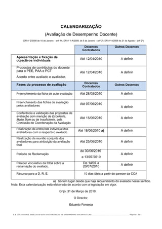 CALENDARIZAÇÃO
                               (Avaliação de Desempenho Docente)
         (DR nº 2/2008 de 10 de Janeiro - artº 14, DR nº 1-A/2009, de 5 de Janeiro – artº 2º, DR nº14/2009 de 21 de Agosto – artº 2º)

                                                                      Docentes                         Outros Docentes
                                                                     Contratados

   Apresentação e fixação de                                       Até 12/04/2010                            A definir
   objectivos individuais

   Propostas de contributos do docente
   para o PEE, PAA e PCT                                           Até 12/04/2010                            A definir
   Acordo entre avaliado e avaliador.
                                                                      Docentes
   Fases do processo de avaliação                                                                      Outros Docentes
                                                                     Contratados

   Preenchimento da ficha de auto-avaliação                        Até 28/05/2010                            A definir

   Preenchimento das fichas de avaliação
                                                                   Até 07/06/2010
   pelos avaliadores                                                                                         A definir
   Conferência e validação das propostas de
   avaliação com menção de Excelente,
                                                                   Até 15/06/2010                            A definir
   Muito Bom ou de Insuficiente, pela
   Comissão de Coordenação da Avaliação

   Realização da entrevista individual dos
                                                                 Até 18/06/2010 a)                           A definir
   avaliadores com o respectivo avaliado

   Realização da reunião conjunta dos
   avaliadores para atribuição da avaliação                        Até 25/06/2010                            A definir
   final

                                                                   de 30/06/2010
   Período de Reclamação                                                                                     A definir
                                                                     a 13/07/2010
   Parecer vinculativo da CCA sobre a                                 De 14/07 a                             A definir
   reclamação do avaliado.                                            20/07/2010

   Recurso para a D. R. E.                                             10 dias úteis a partir do parecer da CCA

                               a) Só tem lugar desde que haja requerimento do avaliado nesse sentido.
Nota: Esta calendarização está elaborada de acordo com a legislação em vigor.

                                              Grijó, 31 de Março de 2010

                                                             O Director,

                                                        Eduardo Fonseca


 E.B. JÚLIO DINIS 2009/2010-GUIA DA AVALIAÇÃO DE DESEMPENHO DOCENTE-CCAD………………………………………………………… Página 4 de 6
 