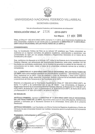 Directiva del Ciclo Vacacional en las Facultades de la UNFV
