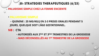 III- STRATEGIES THERAPEUTIQUES (6/25)
PALUDISME SIMPLE CHEZ LA FEMME ENCIENTE
• PALUDISME SIMPLE
- QUININE : 25 MG/KG/J EN 2-3 PRISES ORALES PENDANT 5
JOURS, QUELQUE SOIT L'ÂGE GESTATIONNEL.
NB : CTA
- AUTORISÉS AUX 2ÈME
ET 3ÈME
TRIMESTRES DE LA GROSSESSE
- MAIS DÉCONSEILLÉS AU 1ER
TRIMESTRE DE LA GROSSESSE
 