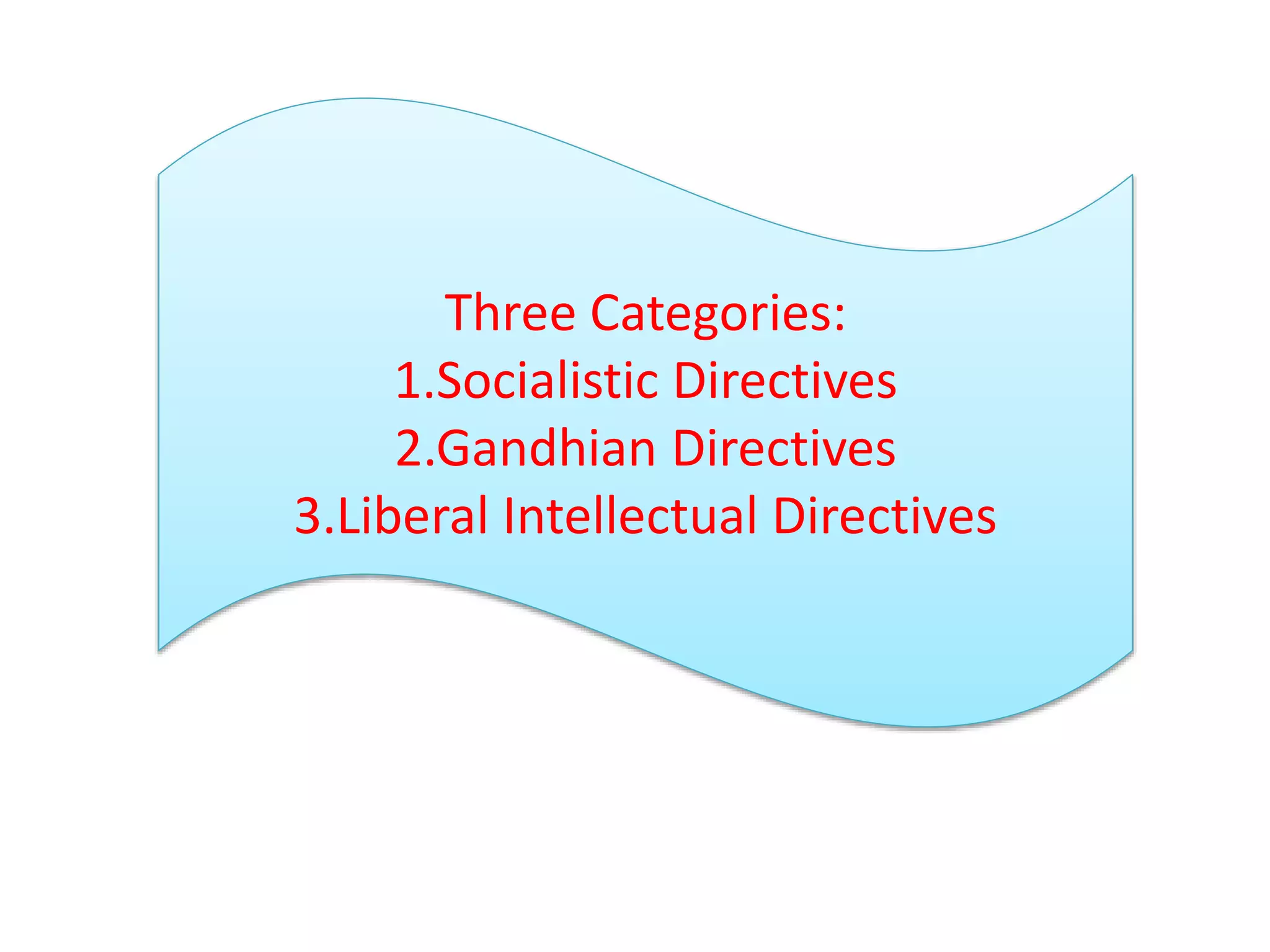 Three Categories:
1.Socialistic Directives
2.Gandhian Directives
3.Liberal Intellectual Directives
 