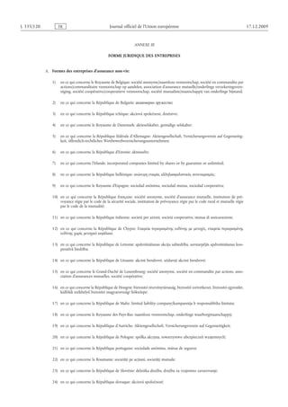 Journal officiel de l’Union européenne 17.12.2009
ANNEXE III
FORME JURIDIQUE DES ENTREPRISES
A.  Formes des entreprises d’assurance non-vie:
1) en ce qui concerne le Royaume de Belgique: société anonyme/naamloze vennootschap, société en commandite par
actions/commanditaire vennootschap op aandelen, association d’assurance mutuelle/onderlinge verzekeringsvere­
niging, société coopérative/cooperatieve vennootschap, société mutualiste/maatschappij van onderlinge bijstand;
2) en ce qui concerne la République de Bulgarie: акционерно дружество;
3) en ce qui concerne la République tchèque: akciová společnost, družstvo;
4) en ce qui concerne le Royaume de Danemark: aktieselskaber, gensidige selskaber;
5) en ce qui concerne la République fédérale d’Allemagne: Aktiengesellschaft, Versicherungsverein auf Gegenseitig­
keit, öffentlich-rechtliches Wettbewerbsversicherungsunternehmen;
6) en ce qui concerne la République d’Estonie: aktsiaselts;
7) en ce qui concerne l’Irlande: incorporated companies limited by shares or by guarantee or unlimited;
8) en ce qui concerne la République hellénique: ανώνυμη εταιρία, αλληλασφαλιστικός συνεταιρισμός;
9) en ce qui concerne le Royaume d’Espagne: sociedad anónima, sociedad mutua, sociedad cooperativa;
10) en ce qui concerne la République française: société anonyme, société d’assurance mutuelle, institution de pré­
voyance régie par le code de la sécurité sociale, institution de prévoyance régie par le code rural et mutuelle régie
par le code de la mutualité;
11) en ce qui concerne la République italienne: società per azioni, società cooperativa, mutua di assicurazione;
12) en ce qui concerne la République de Chypre: Εταιρεία περιορισμένης ευθύνης με μετοχές, εταιρεία περιορισμένης
ευθύνης χωρίς μετοχικό κεφάλαιο;
13) en ce qui concerne la République de Lettonie: apdrošināšanas akciju sabiedrība, savstarpējās apdrošināšanas koo­
peratīvā biedrība;
14) en ce qui concerne la République de Lituanie: akcinė bendrovė, uždaroji akcinė bendrovė;
15) en ce qui concerne le Grand-Duché de Luxembourg: société anonyme, société en commandite par actions, asso­
ciation d’assurances mutuelles, société coopérative;
16) en ce qui concerne la République de Hongrie: biztosító részvénytársaság, biztosító szövetkezet, biztosító egyesület,
külföldi székhelyű biztosító magyarországi fióktelepe;
17) en ce qui concerne la République de Malte: limited liability company/kumpannija b responsabbilta limitata;
18) en ce qui concerne le Royaume des Pays-Bas: naamloze vennootschap, onderlinge waarborgmaatschappij;
19) en ce qui concerne la République d’Autriche: Aktiengesellschaft, Versicherungsverein auf Gegenseitigkeit;
20) en ce qui concerne la République de Pologne: spółka akcyjna, towarzystwo ubezpieczeń wzajemnych;
21) en ce qui concerne la République portugaise: sociedade anónima, mútua de seguros;
22) en ce qui concerne la Roumanie: societăţi pe acţiuni, societăţi mutuale;
23) en ce qui concerne la République de Slovénie: delniška družba, družba za vzajemno zavarovanje;
24) en ce qui concerne la République slovaque: akciová spoločnosť;
RF021/533L
 