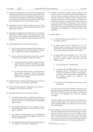 Journal officiel de l’Union européenne L 335/23
19) «transaction intragroupe»: toute transaction par laquelle une
entreprise d’assurance ou de réassurance recourt directement
ou indirectement à d’autres entreprises du même groupe ou
à toute personne physique ou morale liée aux entreprises de
ce groupe par des liens étroits, pour l’exécution d’une obliga­
tion, contractuelle ou non, à titre onéreux ou non;
20) «participation»: le fait de détenir, directement ou par le biais
d’un lien de contrôle, au moins 20 % des droits de vote ou du
capital d’une entreprise;
21) «participation qualifiée»: le fait de détenir dans une entreprise,
directement ou indirectement, une participation qui repré­
sente au moins 10 % du capital ou des droits de vote, ou qui
permet d’exercer une influence notable sur la gestion de cette
entreprise;
22) «marché réglementé»: l’un des marchés suivants:
a) dans le cas d’un marché situé dans un État membre, un
marché réglementé tel que défini à l’article  4, paragra­
phe 1, point 14), de la directive 2004/39/CE; ou
b) dans le cas d’un marché situé dans un pays tiers, un mar­
ché financier qui remplit les conditions suivantes:
i) il est reconnu par l’État membre d’origine de l’entre­
prise d’assurance et satisfait à des exigences compa­
rables à celles prévues par la directive 2004/39/CE;
et
ii) les instruments financiers qui y sont négociés sont
d’une qualité comparable à celle des instruments
négociés sur le marché ou les marchés réglementés
de l’État membre d’origine;
23) «bureau national»: un bureau national d’assurance au sens de
l’article 1er
, point 3, de la directive 72/166/CEE;
24) «fonds national de garantie»: l’organisme visé à l’article 1er
,
paragraphe 4, de la directive 84/5/CEE;
25) «entreprise financière»: l’une des entités suivantes:
a) un établissement de crédit, un établissement financier ou
une entreprise de services auxiliaires bancaires au sens de
l’article 4, points 1) 5) et 21), de la directive 2006/48/CE
respectivement;
b) une entreprise d’assurance ou de réassurance ou une
société holding d’assurance au sens de l’article 212, para­
graphe 1, point f);
c) une entreprise d’investissement ou un établissement
financier au sens de l’article 4, paragraphe 1, point 1), de
la directive 2004/39/CE;
d) une compagnie financière holding mixte au sens de l’arti­
cle 2, point 15), de la directive 2002/87/CE;
26) «véhicule de titrisation» («special purpose vehicle»): toute
entreprise, qu’elle soit dotée de la personnalité juridique ou
non, autre qu’une entreprise d’assurance ou de réassurance
existante, qui prend en charge les risques transférés par des
entreprises d’assurance ou de réassurance et qui finance en
totalité son exposition à ces risques par l’émission d’une dette
ou tout autre mécanisme de financement, où les droits au
remboursement de ceux ayant fait un versement dans le cadre
de cette dette ou de cet autre mécanisme de financement sont
subordonnés aux obligations de réassurance d’une telle
entreprise;
27) «grands risques»:
a) les risques classés sous les branches 4, 5, 6, 7, 11 et 12
de l’annexe I, partie A;
b) les risques classés sous les branches 14 et  15 de
l’annexe I, partie A lorsque le preneur exerce à titre pro­
fessionnel une activité industrielle, commerciale ou libé­
rale et que les risques sont relatifs à cette activité;
c) les risques classés sous les branches 3, 8, 9, 10, 13 et 16
de l’annexe  I, partie A, pour autant que le preneur
dépasse les limites chiffrées d’au moins deux des
critères suivants:
i) un total de bilan de 6 200 000 EUR;
ii) un montant net du chiffre d’affaires, au sens de la
quatrième directive  78/660/CEE du Conseil du
25 juillet 1978 fondée sur l’article 54, paragraphe 3,
point g), du traité et concernant les comptes annuels
de certaines formes de sociétés
(1)  JO L 222 du 14.8.1978, p. 11.
 (1), de
12 800 000 EUR;
iii) un nombre de 250 employés en moyenne au cours
de l’exercice.
Si le preneur fait partie d’un ensemble d’entreprises pour
lequel des comptes consolidés sont établis conformément à
la directive 83/349/CEE, les critères énoncés au premier ali­
néa, point  c), sont appliqués sur la base des comptes
consolidés.
Les États membres ont la faculté d’ajouter à la catégorie visée
au premier alinéa, point c), les risques assurés par des asso­
ciations professionnelles, des coentreprises ou des associa­
tions momentanées;
28) «sous-traitance»: un accord, quelle que soit sa forme, conclu
entre une entreprise d’assurance ou de réassurance et un pres­
tataire de services, soumis ou non à un contrôle, en vertu
duquel ce prestataire de services exécute, soit directement,
soit en recourant lui-même à la sous-traitance, une procé­
dure, un service ou une activité, qui serait autrement exécuté
par l’entreprise d’assurance ou de réassurance elle-même;
RF9002.21.71
 
