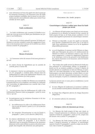 Journal officiel de l’Union européenne L 335/49
c) toute information sur l’issue des appels émis dans le passé par
les entreprises d’assurance et de réassurance pour des fonds
propres auxiliaires semblables, dans la mesure où cette infor­
mation peut être raisonnablement utilisée pour estimer l’issue
attendue de futurs appels.
Article 91
Fonds excédentaires
1. Les fonds excédentaires sont constitués de bénéfices accu­
mulés qui n’ont pas encore été libérés pour distribution aux pre­
neurs et aux bénéficiaires.
2. Pour autant que le droit national le permette, les fonds excé­
dentaires ne sont pas considérés comme des engagements d’assu­
rance et de réassurance dans la mesure où ils satisfont aux critères
énoncés à l’article 94, paragraphe 1.
Article 92
Mesures d’exécution
1. La Commission arrête des mesures d’exécution précisant ce
qui suit:
a) les critères d’octroi de l’approbation par les autorités de
contrôle prévue à l’article 90;
b) le traitement à réserver aux participations, au sens de l’arti­
cle  212, paragraphe  2, troisième alinéa, détenues dans des
établissements de crédit et des établissements financiers, aux
fins de la détermination des fonds propres.
Ces mesures, qui visent à modifier des éléments non essentiels de
la présente directive en la complétant, sont arrêtées en conformité
avec la procédure de réglementation avec contrôle visée à l’arti­
cle 301, paragraphe 3.
2. Les participations dans des établissements de crédit et des
établissements financiers visées au paragraphe 1, point b), recou­
vrent ce qui suit:
a) les participations que les entreprises d’assurance et de réas­
surance détiennent dans:
i) des établissements de crédit et des établissements finan­
ciers au sens de l’article 4, points 1) et 5), de la directive
2006/48/CE;
ii) des entreprises d’investissement au sens de l’article  4,
paragraphe 1, point 1), de la directive 2004/39/CE;
b) les créances subordonnées et les instruments visés à l’arti­
cle  63 et à l’article  64, paragraphe  3, de la directive
2006/48/CE que les entreprises d’assurance et de réassurance
détiennent sur les entités définies au point a) du présent para­
graphe dans lesquelles elles détiennent une participation.
Sous-section  2
Classement des fonds propres
Article 93
Caractéristiques et facteurs à utiliser pour classer les fonds
propres par niveau
1. Les éléments de fonds propres sont classés sur trois niveaux.
Le classement de ces éléments est fonction de leur caractère de
fonds propres de base ou de fonds propres auxiliaires et de la
mesure dans laquelle ils présentent les caractéristiques suivantes:
a) l’élément est disponible, ou peut être appelé sur demande,
pour absorber complètement des pertes, que ce soit dans le
cadre d’une exploitation continue ou en cas de liquidation
(disponibilité permanente);
b) en cas de liquidation, le montant total de l’élément est dispo­
nible pour l’absorption des pertes et le remboursement de
l’élément est refusé à son détenteur, jusqu’à ce que tous les
autres engagements, y compris les engagements d’assurance
et de réassurance vis-à-vis des preneurs et des bénéficiaires
des contrats d’assurance et de réassurance, aient été honorés
(subordination).
2. Pour évaluer dans quelle mesure les éléments de fonds pro­
pres présentent les caractéristiques définies au paragraphe  1,
points a) et b), au moment considéré et à l’avenir, il importe de
prendre dûment en considération la durée de l’élément, en parti­
culier s’il a une durée déterminée ou non. Lorsque l’élément de
fonds propres a une durée déterminée, sa durée relative, en com­
paraison de la durée des engagements d’assurance et de réassu­
rance de l’entreprise, est prise en considération (durée suffisante).
Les facteurs suivants sont, en outre, pris en considération, à savoir
si l’élément est exempt:
a) de toute obligation de rembourser ou incitation à rembour­
ser son montant nominal (absence d’incitation à rembourser);
b) de charges fixes obligatoires (absence de charges financières
obligatoires);
c) de contraintes (absence de contraintes).
Article 94
Principaux critères de classement par niveau
1. Les éléments des fonds propres de base sont classés au
niveau 1 lorsqu’ils présentent, en substance, les caractéristiques
exposées à l’article 93, paragraphe 1, points a) et b), compte tenu
des facteurs visés à l’article 93, paragraphe 2.
2. Les éléments des fonds propres de base sont classés au
niveau  2 lorsqu’ils présentent, en substance, la caractéristique
exposée à l’article 93, paragraphe 1, point b), compte tenu des fac­
teurs visés à l’article 93, paragraphe 2.
RF9002.21.71
 