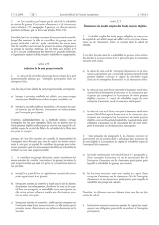 Journal officiel de l’Union européenne L 335/85
2. Les États membres prévoient que le calcul de la solvabilité
au niveau du groupe d’entreprises d’assurance et de réassurance
visées à l’article 213, paragraphe 2, point a), est effectué selon la
première méthode, qui est fixée aux articles 230 à 232.
Toutefois, les États membres autorisent leurs autorités de contrôle,
lorsqu’elles assument le rôle de contrôleur du groupe pour un
groupe particulier, à décider, après consultation des autres auto­
rités de contrôle concernées et du groupe lui-même, d’appliquer à
ce groupe la seconde méthode, qui est fixée aux articles  233
et 234, ou une combinaison des première et seconde méthodes,
si l’application exclusive de la première méthode est inappropriée.
Article 221
Inclusion de la part proportionnelle
1. Le calcul de la solvabilité du groupe tient compte de la part
proportionnelle détenue par l’entreprise participante dans ses
entreprises liées.
Aux fins du premier alinéa, la part proportionnelle correspond:
a) lorsque la première méthode est utilisée, aux pourcentages
retenus pour l’établissement des comptes consolidés; ou
b) lorsque la seconde méthode est utilisée, à la fraction du capi­
tal souscrit qui est détenue, directement ou indirectement,
par l’entreprise participante.
Toutefois, indépendamment de la méthode utilisée, lorsque
l’entreprise liée est une entreprise filiale qui ne dispose pas de
fonds propres éligibles suffisants pour couvrir son capital de sol­
vabilité requis, la totalité du déficit de solvabilité de la filiale doit
être prise en compte.
Lorsque, de l’avis des autorités de contrôle, la responsabilité de
l’entreprise mère détenant une part de capital est limitée stricte­
ment à cette part de capital, le contrôleur du groupe peut néan­
moins permettre qu’il soit tenu compte du déficit de solvabilité de
la filiale sur une base proportionnelle.
2. Le contrôleur du groupe détermine, après consultation des
autres autorités de contrôle concernées et du groupe lui-même, la
part proportionnelle qui doit être prise en considération dans les
cas suivants:
a) lorsqu’il n’y a pas de lien en capital entre certaines des entre­
prises appartenant à un groupe;
b) lorsqu’une autorité de contrôle a établi que le fait de détenir,
directement ou indirectement, des droits de vote ou du capi­
tal dans une entreprise est assimilable à une participation car
elle estime qu’une influence notable est effectivement exer­
cée sur cette entreprise;
c) lorsqu’une autorité de contrôle a établi qu’une entreprise est
l’entreprise mère d’une autre entreprise, car elle estime que la
première exerce effectivement une influence dominante sur la
seconde.
Article 222
Élimination du double emploi des fonds propres éligibles
1. Le double emploi des fonds propres éligibles en couverture
du capital de solvabilité requis des différentes entreprises d’assu­
rance ou de réassurance prises en compte dans le calcul est
interdit.
À cet effet, lors du calcul de la solvabilité du groupe, si les métho­
des décrites à la sous-section 4 ne le prévoient pas, les montants
suivants sont exclus:
a) la valeur de tout actif de l’entreprise d’assurance ou de réas­
surance participante qui correspond au financement de fonds
propres éligibles couvrant le capital de solvabilité requis
d’une de ses entreprises d’assurance ou de réassurance liées;
b) la valeur de tout actif d’une entreprise d’assurance ou de réas­
surance liée de l’entreprise d’assurance ou de réassurance par­
ticipante qui correspond au financement de fonds propres
éligibles couvrant le capital de solvabilité requis de cette
entreprise d’assurance ou de réassurance participante;
c) la valeur de tout actif d’une entreprise d’assurance ou de réas­
surance liée de l’entreprise d’assurance ou de réassurance par­
ticipante qui correspond au financement de fonds propres
éligibles couvrant le capital de solvabilité requis de toute autre
entreprise d’assurance ou de réassurance liée de cette entre­
prise d’assurance ou de réassurance participante.
2. Sans préjudice du paragraphe  1, les éléments suivants ne
peuvent être pris en compte dans le calcul que dans la mesure où
ils sont éligibles à la couverture du capital de solvabilité requis de
l’entreprise liée concernée:
a) les fonds excédentaires relevant de l’article 91, paragraphe 2,
d’une entreprise d’assurance vie ou de réassurance liée de
l’entreprise d’assurance ou de réassurance participante pour
laquelle la solvabilité du groupe est calculée;
b) les fractions souscrites mais non versées du capital d’une
entreprise d’assurance ou de réassurance liée de l’entreprise
d’assurance ou de réassurance participante pour laquelle la
solvabilité du groupe est calculée.
Toutefois, les éléments suivants doivent dans tous les cas être
exclus du calcul:
i) les fractions souscrites mais non versées du capital qui repré­
sentent une obligation potentielle incombant à l’entreprise
participante;
RF9002.21.71
 