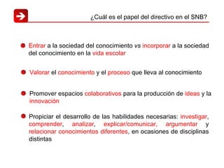 ¿Cuál es el papel del directivo en el SNB?  Valorar  el  conocimiento  y el  proceso  que lleva al conocimiento Entrar  a la sociedad del conocimiento  vs   incorporar  a la sociedad del conocimiento  en la  vida escolar Propiciar el desarrollo de las habilidades necesarias:  investigar ,  comprender ,  analizar ,  explicar/comunicar, argumentar  y  relacionar conocimientos diferentes , en ocasiones de disciplinas distintas Promover espacios  colaborativos  para la producción de  ideas  y la  innovación 