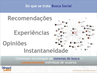 Experiências Opiniões Recomendações Do que se trata  Busca Social Instantaneidade Combinam tecnologias de  sistemas de busca  +  comportamento  individual de usuários 
