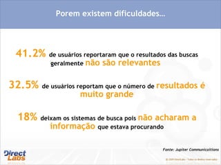 Fonte: Jupiter Communicaitions Porem existem dificuldades… 41.2%  de usuários reportaram que o resultados das buscas geralmente  não são relevantes  32.5%  de usuários reportam que o número de  resultados é muito grande 18%  deixam os sistemas de busca pois  não acharam a informação  que estava procurando 