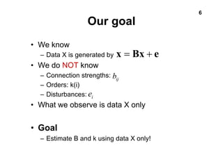 6 
Our goal 
• We know 
– Data X is generated by 
• We do NOT know 
x = Bx + e 
ij b 
– Connection strengths: 
– Orders: k(i) 
– Disturbances: 
• What we observe is data X only 
• Goal 
i e 
– Estimate B and k using data X only! 
 
