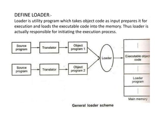 DEFINE LOADER:-
Loader is utility program which takes object code as input prepares it for
execution and loads the executable code into the memory. Thus loader is
actually responsible for initiating the execution process.
 