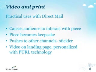 23
Video and print
Practical uses with Direct Mail
• Causes audience to interact with piece
• Piece becomes keepsake
• Pushes to other channels- stickier
• Video on landing page, personalized
with PURL technology
 