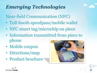 35
Emerging Technologies
Near-field Communication (NFC)
• Toll-booth speedpass/mobile wallet
• NFC smart tag/microchip on piece
• Information transmitted from piece to
phone
• Mobile coupon
• Directions/map
• Product brochure
 