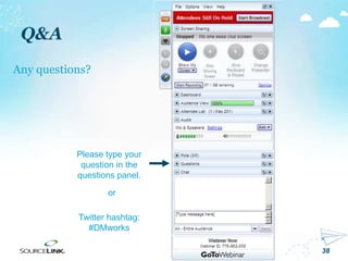 38
Q&A
Any questions?
Please type your
question in the
questions panel.
Twitter hashtag:
#DMworks
or
 