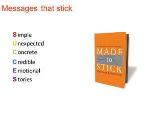 Messages that stick
S
U
C
C
S
E
imple
nexpected
oncrete
redible
motional
tories
 