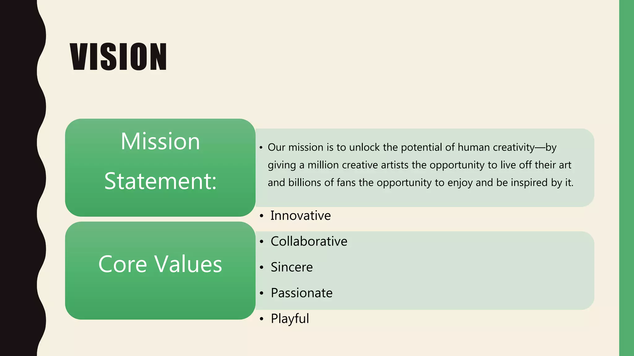 VISION
• Our mission is to unlock the potential of human creativity—by
giving a million creative artists the opportunity to live off their art
and billions of fans the opportunity to enjoy and be inspired by it.
Mission
Statement:
• Innovative
• Collaborative
• Sincere
• Passionate
• Playful
Core Values
 