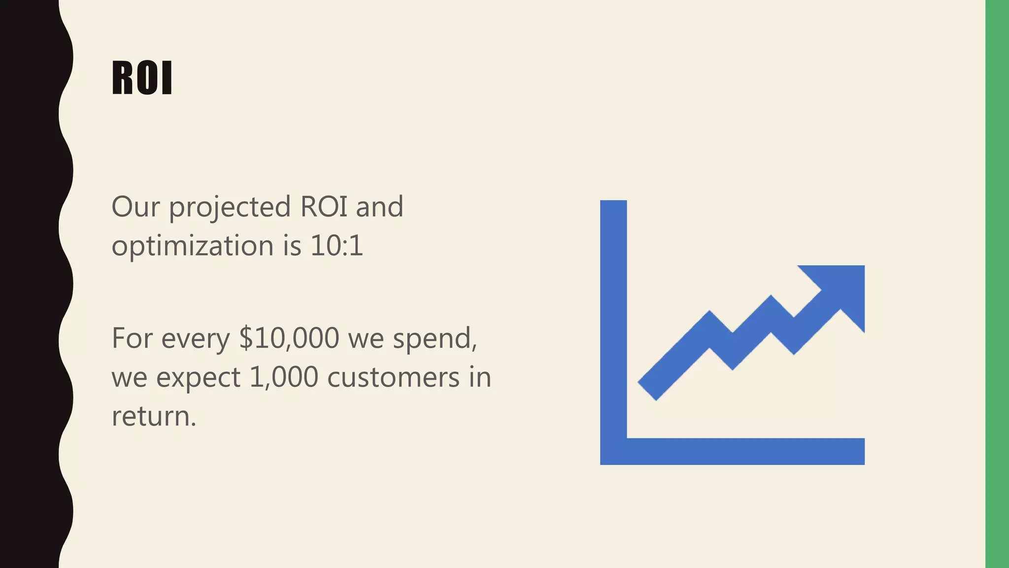 ROI
Our projected ROI and
optimization is 10:1
For every $10,000 we spend,
we expect 1,000 customers in
return.
 