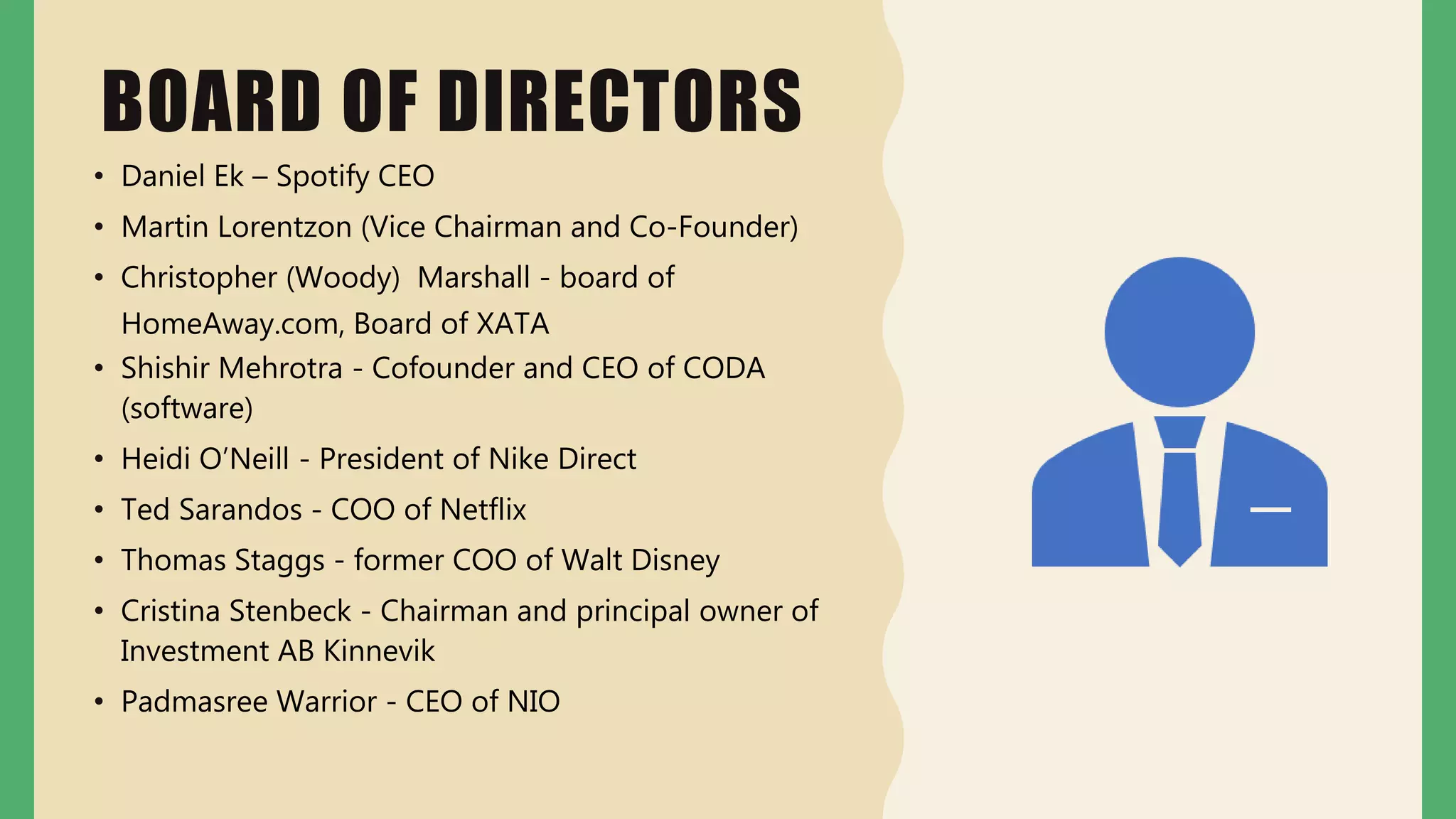 BOARD OF DIRECTORS
• Daniel Ek – Spotify CEO
• Martin Lorentzon (Vice Chairman and Co-Founder)
• Christopher (Woody) Marshall - board of
HomeAway.com, Board of XATA
• Shishir Mehrotra - Cofounder and CEO of CODA
(software)
• Heidi O’Neill - President of Nike Direct
• Ted Sarandos - COO of Netflix
• Thomas Staggs - former COO of Walt Disney
• Cristina Stenbeck - Chairman and principal owner of
Investment AB Kinnevik
• Padmasree Warrior - CEO of NIO
 