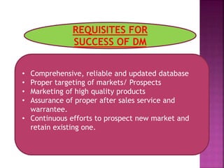 REQUISITES FOR
SUCCESS OF DM
• Comprehensive, reliable and updated database
• Proper targeting of markets/ Prospects
• Marketing of high quality products
• Assurance of proper after sales service and
warrantee.
• Continuous efforts to prospect new market and
retain existing one.
 