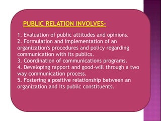 1. Evaluation of public attitudes and opinions.
2. Formulation and implementation of an
organization's procedures and policy regarding
communication with its publics.
3. Coordination of communications programs.
4. Developing rapport and good-will through a two
way communication process.
5. Fostering a positive relationship between an
organization and its public constituents.
PUBLIC RELATION INVOLVES-
 