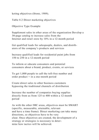 keting objectives (Stone, 1989).
Table 8.2 Direct marketing objectives
Objective Type Example
Supplement sales in other areas of the organization Develop a
30-page catalog to increase sales from the
Internet and retail store by 10% in a 12-month period
Get qualified leads for salespeople, dealers, and distrib-
utors of the company’s products and services
Increase qualified leads for residential paint jobs from
150 to 250 in a 12-month period
To inform or educate consumers and potential
consumers about a brand, product, events, or services
To get 1,000 people to call the toll-free number and
order product × in a one-month period
Create direct sales to other business customers
bypassing the traditional channels of distribution
Increase the number of companies buying supplies
directly from us from 125 to 400 within a 12-month
period
As with the other IMC areas, objectives must be SMART
(specific, measurable, attainable, relevant
and have a time frame). Direct marketing can take many
directions, so objectives have to be very
clear. Once objectives are created, the development of a
strategy or strategies is necessary to deter-
mine how tactics will be achieved.
 