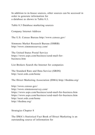 In addition to in-house sources, other sources can be accessed in
order to generate information for
a database as shown in Table 8.3.
Table 8.3 Database marketing sources
Company Internet Address
The U.S. Census Bureau http://www.census.gov/
Simmons Market Research Bureau (SMRB)
http://www.simmonssurvey.com/
The United States Postal Service
https://www.usps.com/business/send-mail-for-
business.htm
List Brokers Search the Internet for companies
The Standard Rate and Data Service (SRDS)
http://next.srds.com/home
The Direct Marketing Association (DMA) http://thedma.org/
http://www.census.gov/
http://www.simmonssurvey.com/
https://www.usps.com/business/send-mail-for-business.htm
https://www.usps.com/business/send-mail-for-business.htm
http://next.srds.com/home
http://thedma.org/
Strategies Chapter 8
The DMA’s Statistical Fact Book of Direct Marketing is an
outstanding source of information for
 