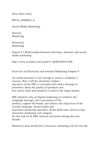 these three areas.
f09.01_OMM651.ai
Social Media Marketing
Internet
Marketing
Electronic
Marketing
Figure 9.1 Relationship between electronic, Internet, and social
media marketing
http://www.youtube.com/watch?v=QrMwMAFr54M
Overview of Electronic and Internet Marketing Chapter 9
An online presence is not enough to ensure a company’s
success. How well the electronic market-
ing tactic of the IMC is executed will send a message to
customers about the quality of products and
how much value and attention is paid to the target market.
IMC planners rely on digital marketing to reinforce the
campaign message, drive awareness of the
product, support the brand, and achieve the objectives of the
overall campaign. Social media and
electronic marketing specialist, Keith McIlvaine, believes that
electronic marketing will compete
for the lead of all IMC tactical executions during the next
decade.
Marketers must decide how electronic marketing will fit into the
 