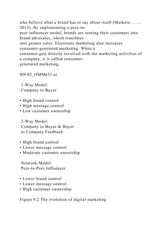 who believe what a brand has to say about itself (Marketo . . . ,
2013). By implementing a peer-to-
peer influencer model, brands are turning their customers into
brand advocates, which translates
into greater sales. Electronic marketing also increases
consumer-generated marketing. When a
consumer gets directly involved with the marketing activities of
a company, it is called consumer-
generated marketing.
f09.02_OMM651.ai
1-Way Model:
Company to Buyer
• High brand control
• High message control
• Low customer ownership
2-Way Model:
Company to Buyer & Buyer
to Company Feedback
• High brand control
• Lower message control
• Moderate customer ownership
Network Model:
Peer-to-Peer Influencer
• Lower brand control
• Lower message control
• High customer ownership
Figure 9.2 The evolution of digital marketing
 