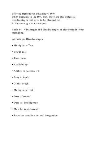 offering tremendous advantages over
other elements in the IMC mix, there are also potential
disadvantages that need to be planned for
in the strategy and executions.
Table 9.1 Advantages and disadvantages of electronic/Internet
marketing
Advantages Disadvantages
• Multiplier effect
• Lower cost
• Timeliness
• Availability
• Ability to personalize
• Easy to track
• Global reach
• Multiplier effect
• Loss of control
• Data vs. intelligence
• Must be kept current
• Requires coordination and integration
 