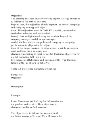 Objectives
The primary business objective of any digital strategy should be
to influence the path to purchase.
Beyond that, the objectives should support the overall campaign
and company strategy and objec-
tives. The objectives must be SMART (specific, measurable,
attainable, relevant, and have a time
frame). Just as digital marketing has evolved beyond the
company-to-buyer model to a peer-to-peer
model, the best objectives go beyond company or campaign
performance to align with the objec-
tives of the target markets. In other words, what do customers
want and how can a company use
electronic marketing to meet its needs? Customer objectives for
digital marketing fall into a few
key categories (Dahlstrom and Edelman, 2013; The Hartman
Group, 2013) as shown in Table 9.3:
Table 9.3 Electronic marketing objectives
Purpose of
Objective
Description
Example
Learn Customers are looking for information on
the product and service. They often turn to
electronic media to find answers.
The objective is to inform our customers of
our latest service offerings. We will launch the
 