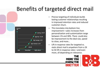 Benefits of targeted direct mail
– Precise targeting of individuals builds
lasting customer relationships resulting
in improved retention rates and reduced
customer churn.
– This translates into bottom line
improvement—sales increases from
personalization and customization range
between 1% and 30%. There could also
be improvement to the deal size, speed
to close, and more…
– Lift in response rates for targeted vs.
static direct mail is anywhere from a 2X
to 5X lift in response rates—and even
more, all depending on relevance.
 