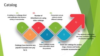 02.
Catalogs have become very
popular & people even pay
for it.
03.
Number of
Advertisers are using
video catalogs
04.
Video Catalogs provide
more information about
the products
05.
Consumers can go
online to review
different catalogs.
06.
There are catalogs for purses,
rings, cheese and hams,
computer accessories etc.
07.
The electronic catalog has
also been marketed to readers
of computer magazines
01.
Acatalog is a multipage direct
mail publication that shows a
variety of merchandise
Catalog
 