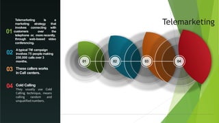 Telemarketing
01 040302
02
03
04
Telemarketing is
marketing
involves
01 customers
a
strategy that
connecting with
over the
telephone or, more recently,
through web-based video
conferencing.
Cold Calling
These callers works
in Call centers.
Atypical TM campaign
involves 75 people making
250,000 calls over 3
months.
 